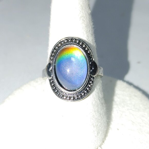 Mood Ring Silver Alloy Band Size 7 Oval Color Changing Gemstone Heart Accent - Picture 7 of 8